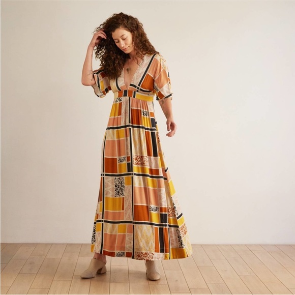 The Odells Dresses & Skirts - The Odells Sienna Geo Print Deep V Dress Patchwork Maxi Dress XS EUC